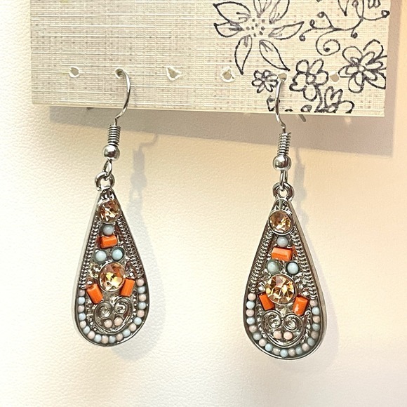 Mudd Dangle Silver Teardrop Earrings Gems‎ Beads Geometric - Picture 2 of 8